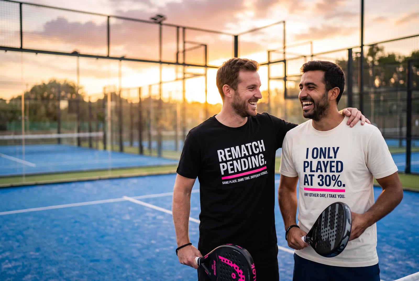 Two padel rivals laughing on court after a match, wearing the black REMATCH PENDING. and off-white I ONLY PLAYED AT 30%. shirts